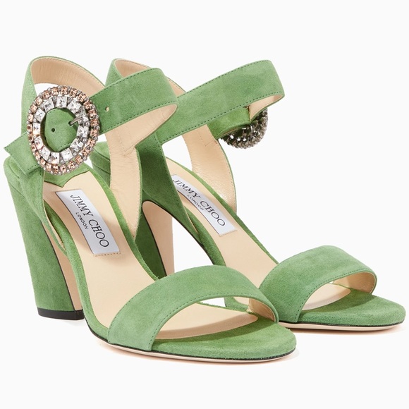 Jimmy Choo Mischa 85 Suede Embellished Block Heel Sandals In Lime/Crystal - Picture 1 of 4